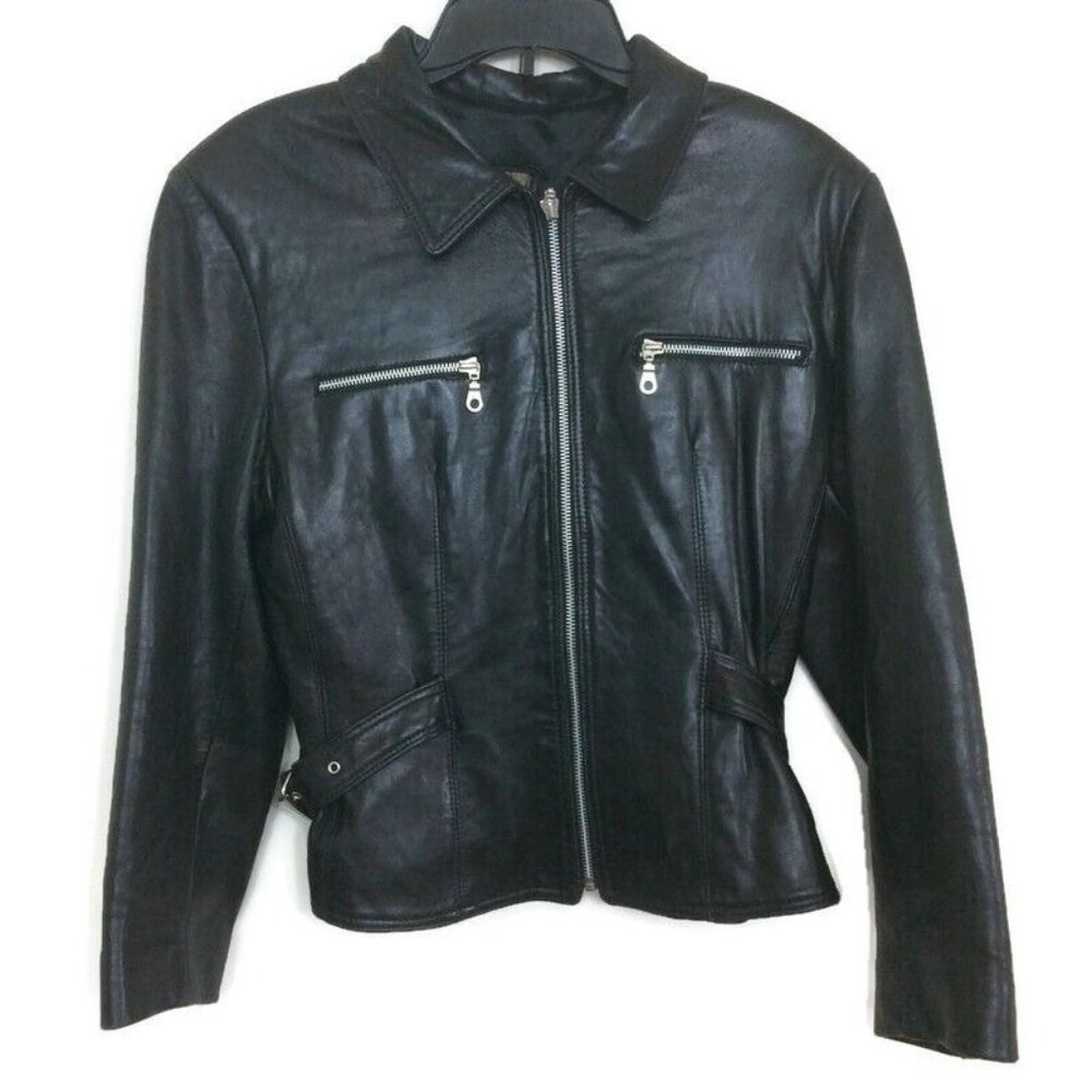 Vintage Laurence Roy Women 100% Lambskin Soft Leather Moto Jacket Small Petite